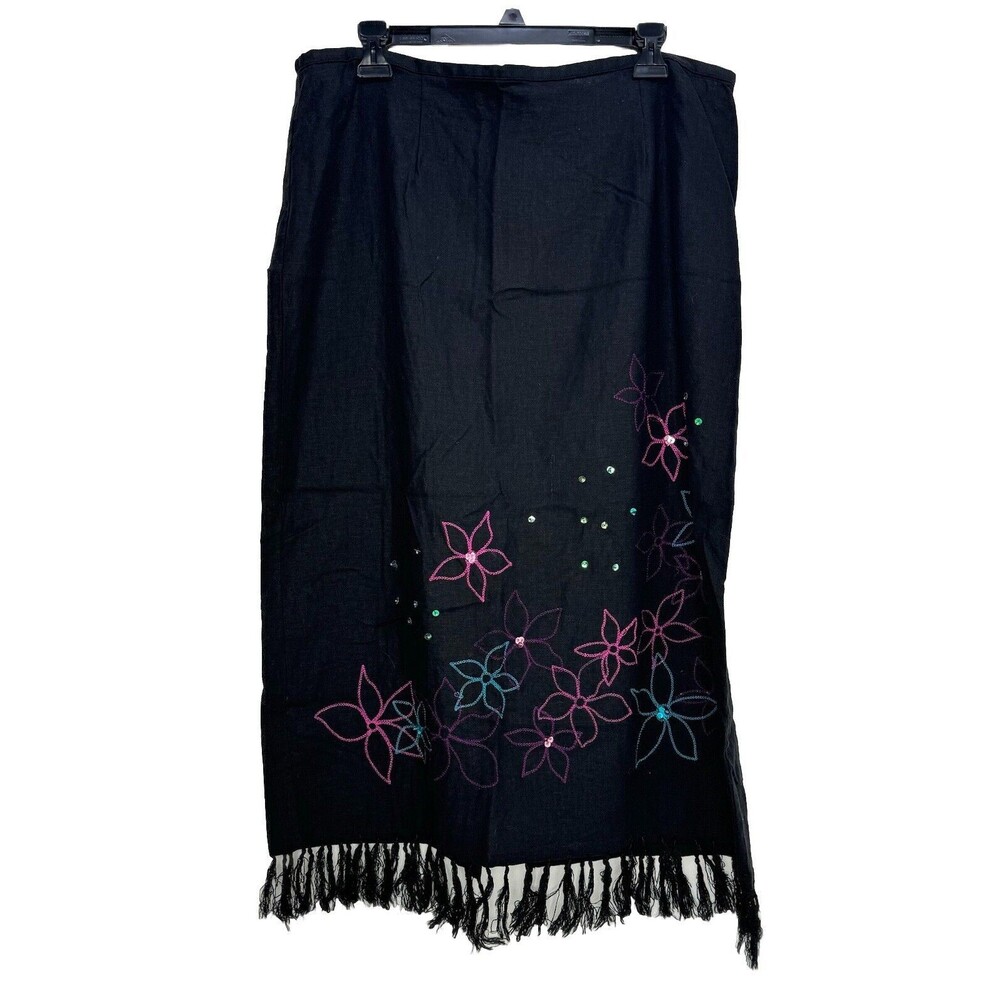 Requirements Linen Blend Stitched Boho Festival A-Line Midi Skirt Tassels Sz XL